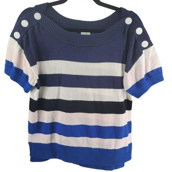 Cabi Blue Sweater Short Sleeve Stripe Buttons Small Sailor Navy White Stripes - Picture 1 of 5